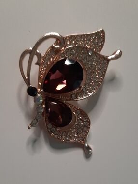 Elegant Rose Gold Butterfly Brooch with Deep Garnet Crystals